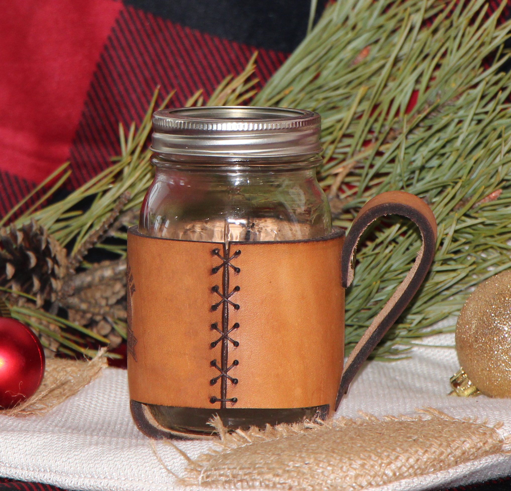 custom leather koozie, mason jar, pint mason jar drinking sleeve, leather sleeve mug, with handle